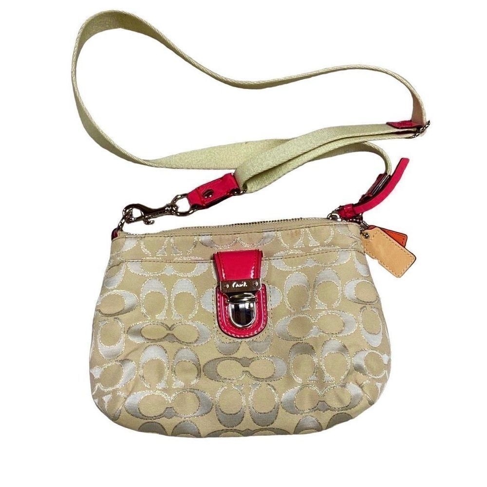 Coach Signature Pink Patent Trim Swingpack Crossbody Shoulder Bag
